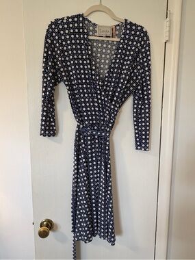 Leota Navy and White Patterned Wrap Dress
